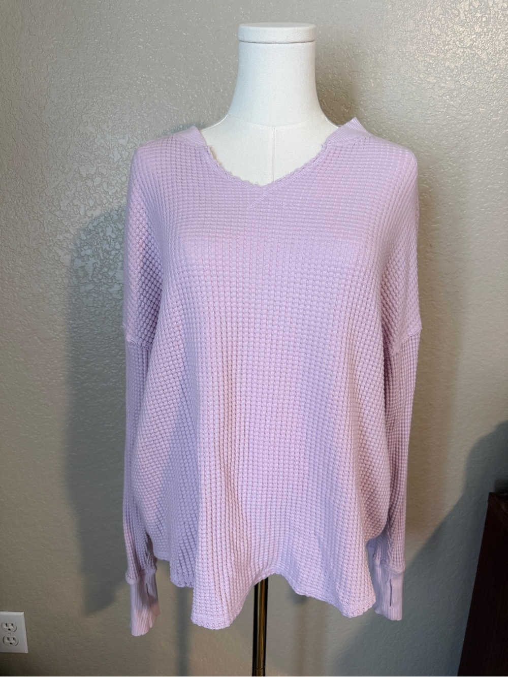 Aerie Women's Lavender Waffle Knit V-Neck Longsleeve